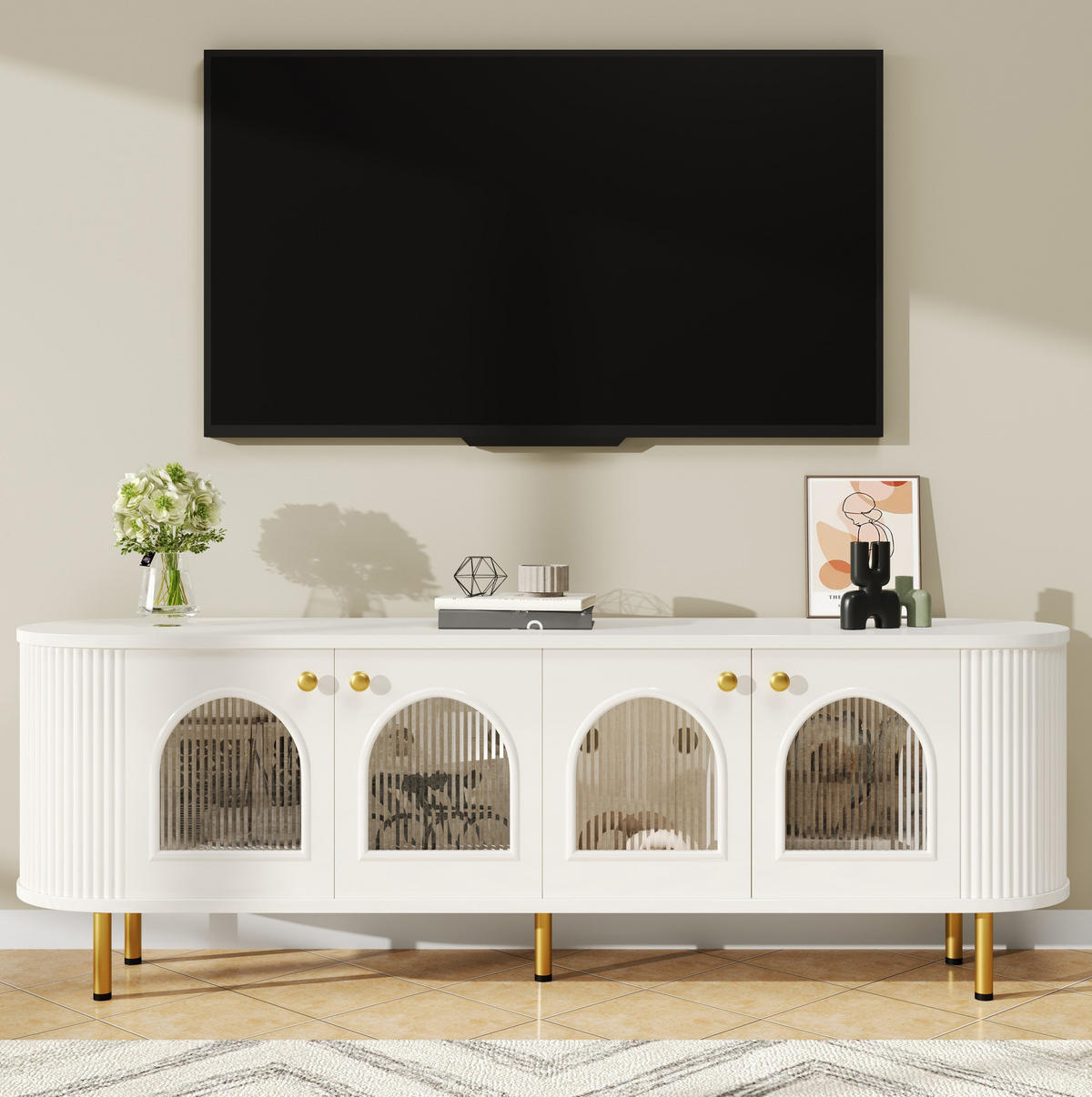 LOWBOARD 170/35/55 cm aus MDF mit 4 Glastüren Weiß/Gold - Weiß, Holzwerkstoff (170/55/35cm) - Modenvie
