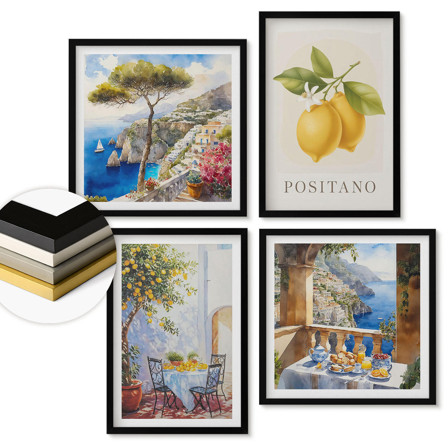 WANDBILDER 4er-Set - 50x50 cm & 40x60 cm Schwarzer Rahmen - Ansichten der Zitronenarchitektur von Positano - Schwarz, Kunststoff (50/50cm) - ArtPrintCave