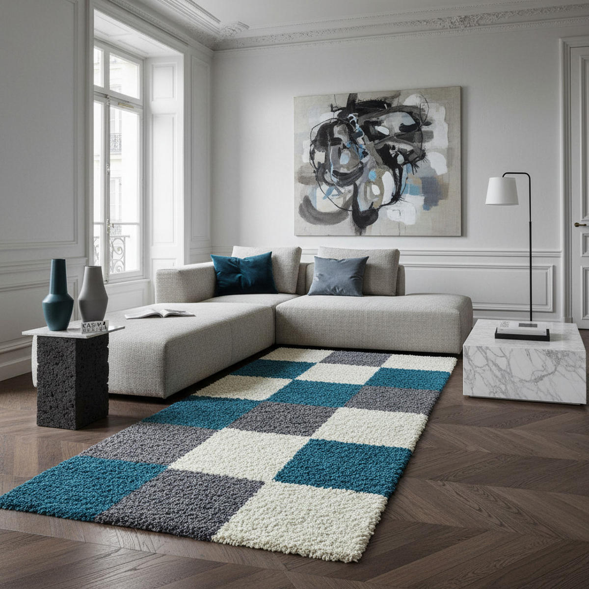 HOCHFLORTEPPICH RHEIN, kariert, Türkis, 80 x 250 cm - Blau, Textil (80/250cm) - KADIMA DESIGN