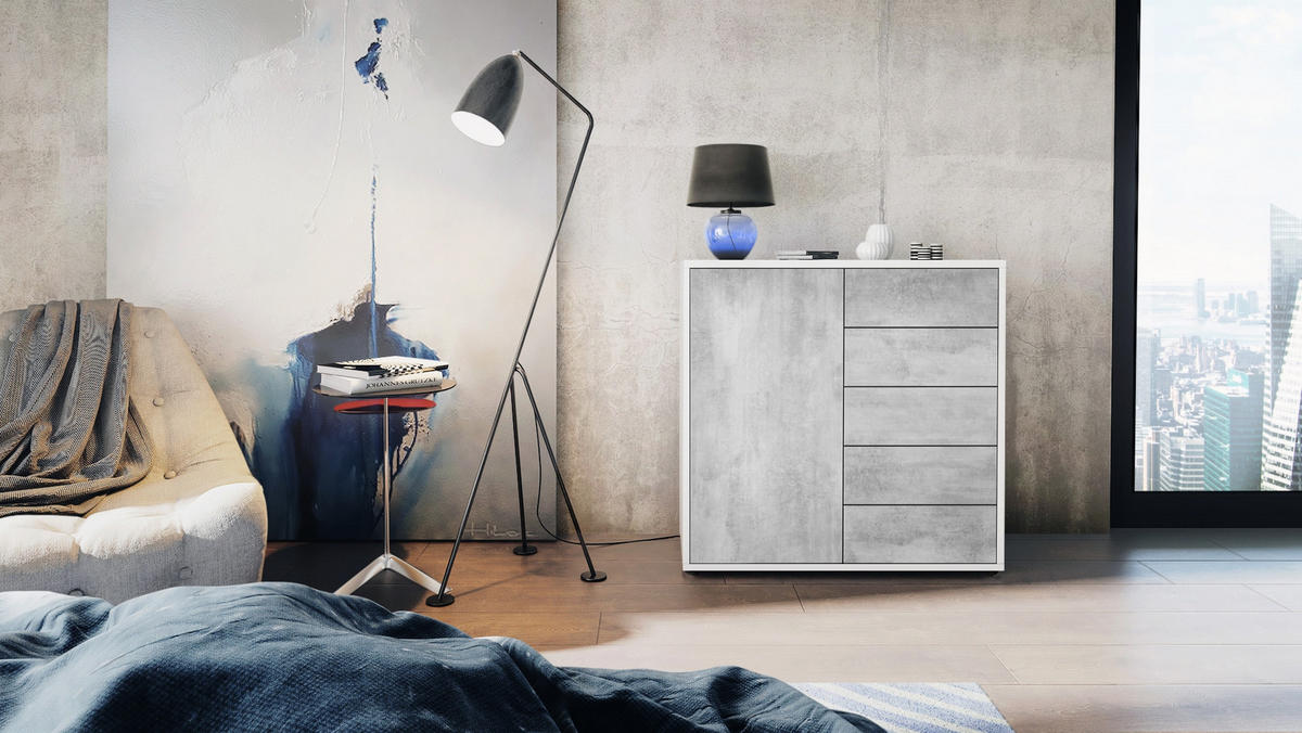 KOMMODE Ben Front in Beton Oxid Optik - Hellgrau, Holzwerkstoff (79/74/36cm) - Vladon
