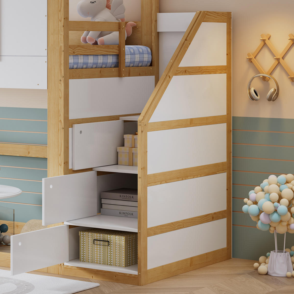 HOCHBETT 90/200 cm in Weiß & Natur Kinderbett mit Treppenschrank und Fensterdesign - Weiß/Naturfarben, Holzwerkstoff (90/200cm) - STILVORA