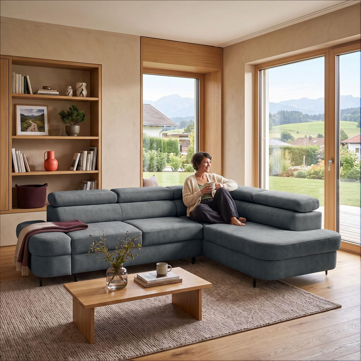 ECKSOFA PRIAM L Rechts mit Schlaffunktion 125x195 Velours Dunkelgrau - Dunkelgrau/Schwarz, Holz/Textil (203/275cm) - Muffo