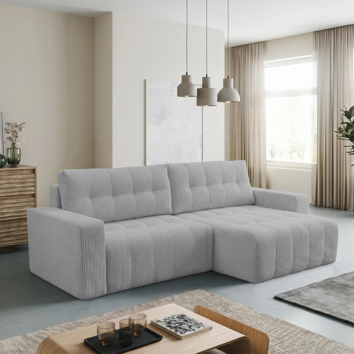 ECKSOFA Palermo mit Schlaffunktion und Bettkasten in Cordstoff - Dunkelgelb/Hellgrau, Holz/Holzwerkstoff (245/143cm) - Ravio
