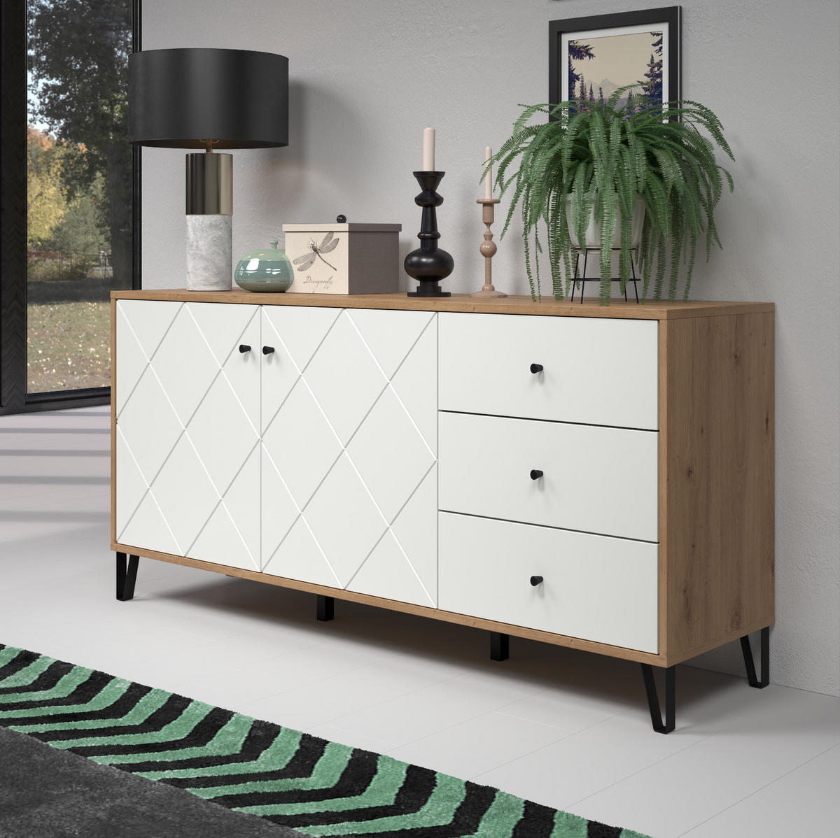 SIDEBOARD weiß matt mit Rautenoptik, Eiche Artisan 183 cm, Kommode mit Soft-Close - Eichefarben/Schwarz, Holzwerkstoff/Kunststoff (183/76/40cm) - Top.Furn