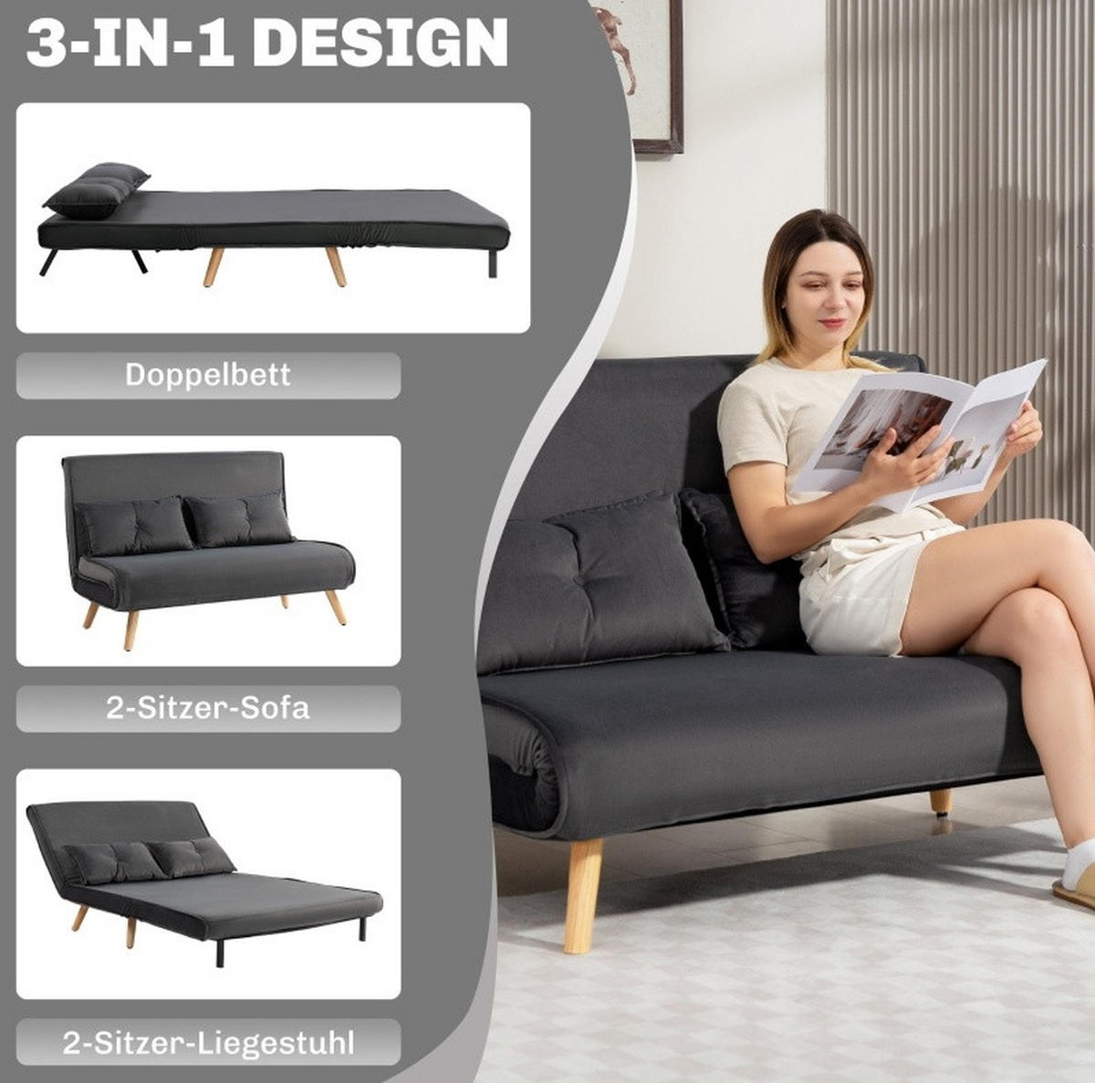 2-SITZER Schlafsofa Polyester mit Klick-Klack, verstellbarer Rückenlehne 120/75/87 cm Dunkelgrau - Dunkelgrau, Textil (75/87/120cm) - Redom