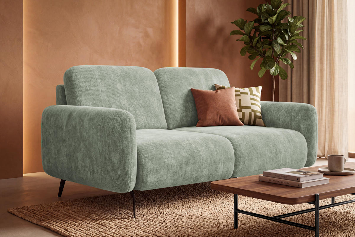 SOFA FEBE 2-Sitzer, hellgrüner Chenille-Stoff - Schwarz/Hellgrün, Holz/Textil (160/82/96cm) - Wozimo