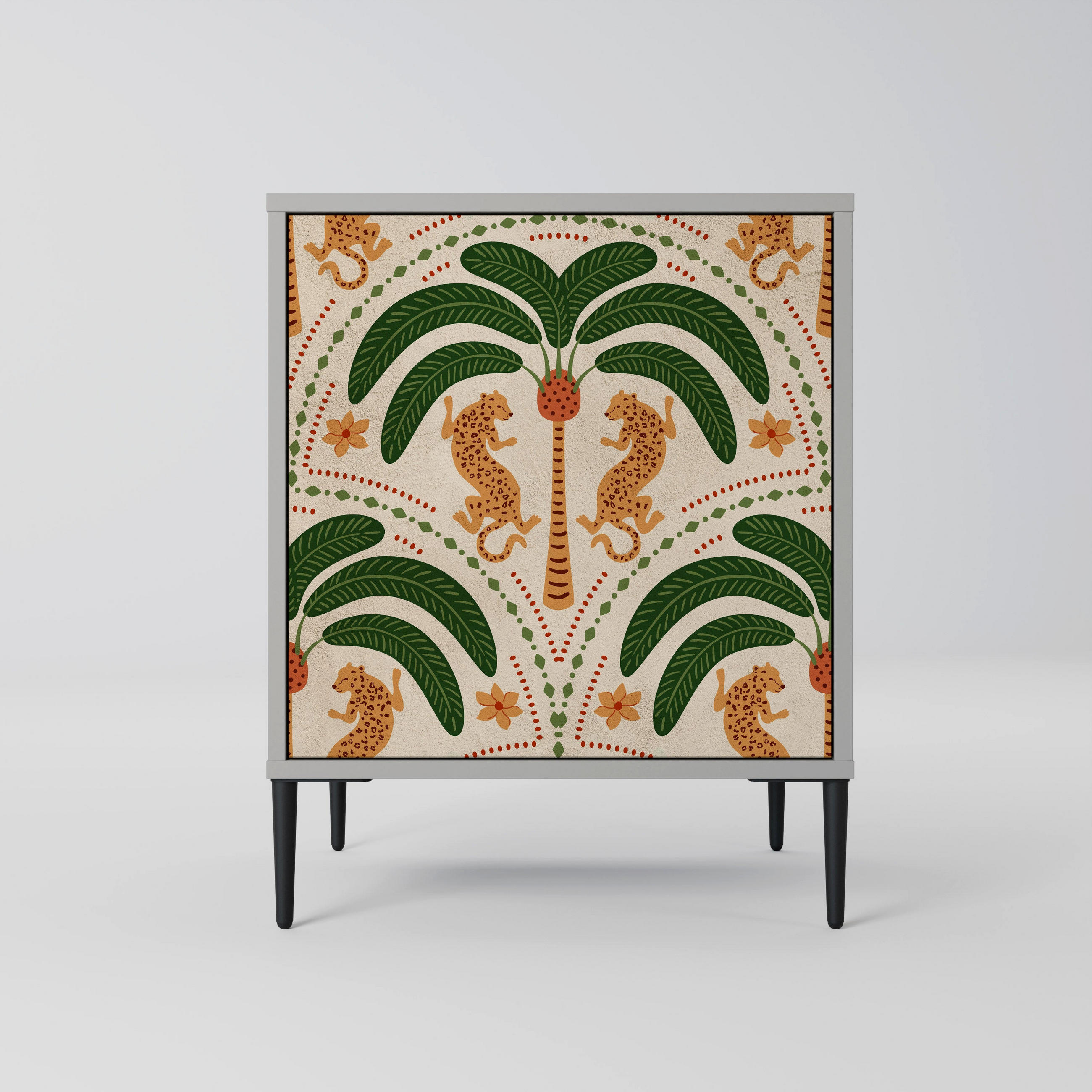 SIDEBOARD DANCING PREDATORS, Grau, 57,5x42x72,5 cm, Schwarze Metallfüße - Multicolor/Schwarz, Holzwerkstoff/Metall (57.5/72.5/42cm) - SpaceRebels
