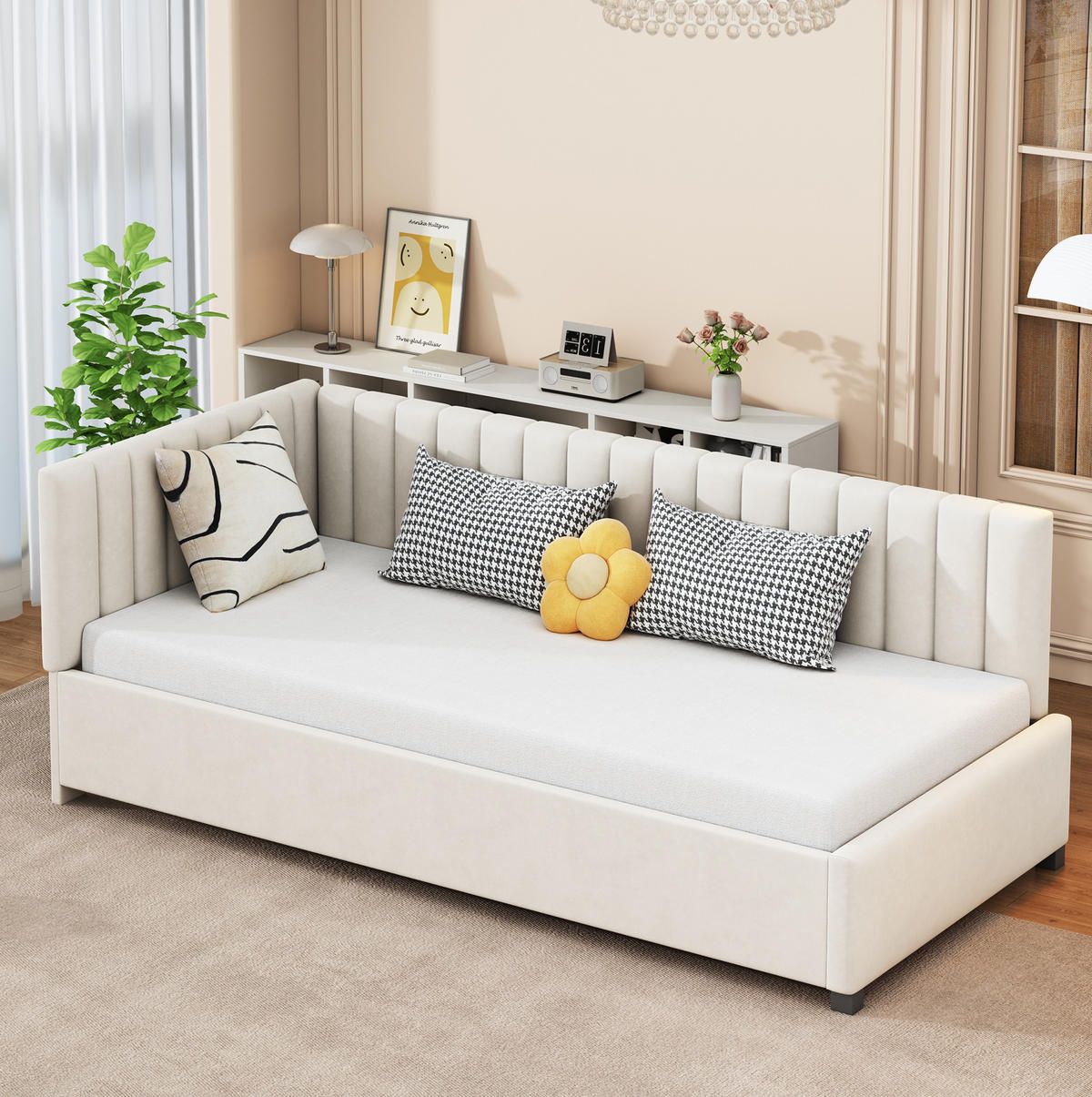 POLSTERBETT 90/200 cm in Beige aus Samt mit Lattenrost - Beige, Leder (90/200cm) - Flora Grace