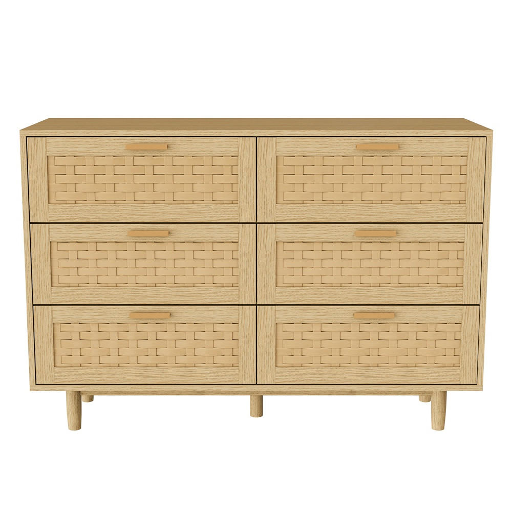 KOMMODE mit 6 Schubladen - natürliche Geflecht-Optik und runde Holzbeine - Eiche-Optik - Eichefarben, Holzwerkstoff (115/80/40cm) - DELFA