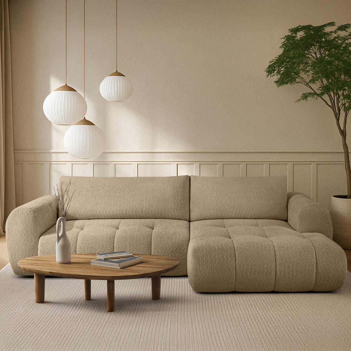 ECKSOFA RECHTS LIRA, Beige, Bouclé - Beige, Holz/Holzwerkstoff (295/112cm) - KONSIMO®