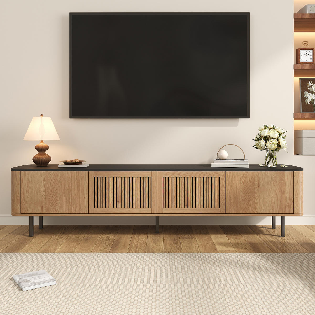 TV stolík 190/35/45 cm dubový z MDF a drevotriesky s mriežkovými dvierkami a úložným priestorom - hnedá, kompozitné drevo (190/45/35cm) - OKWISH