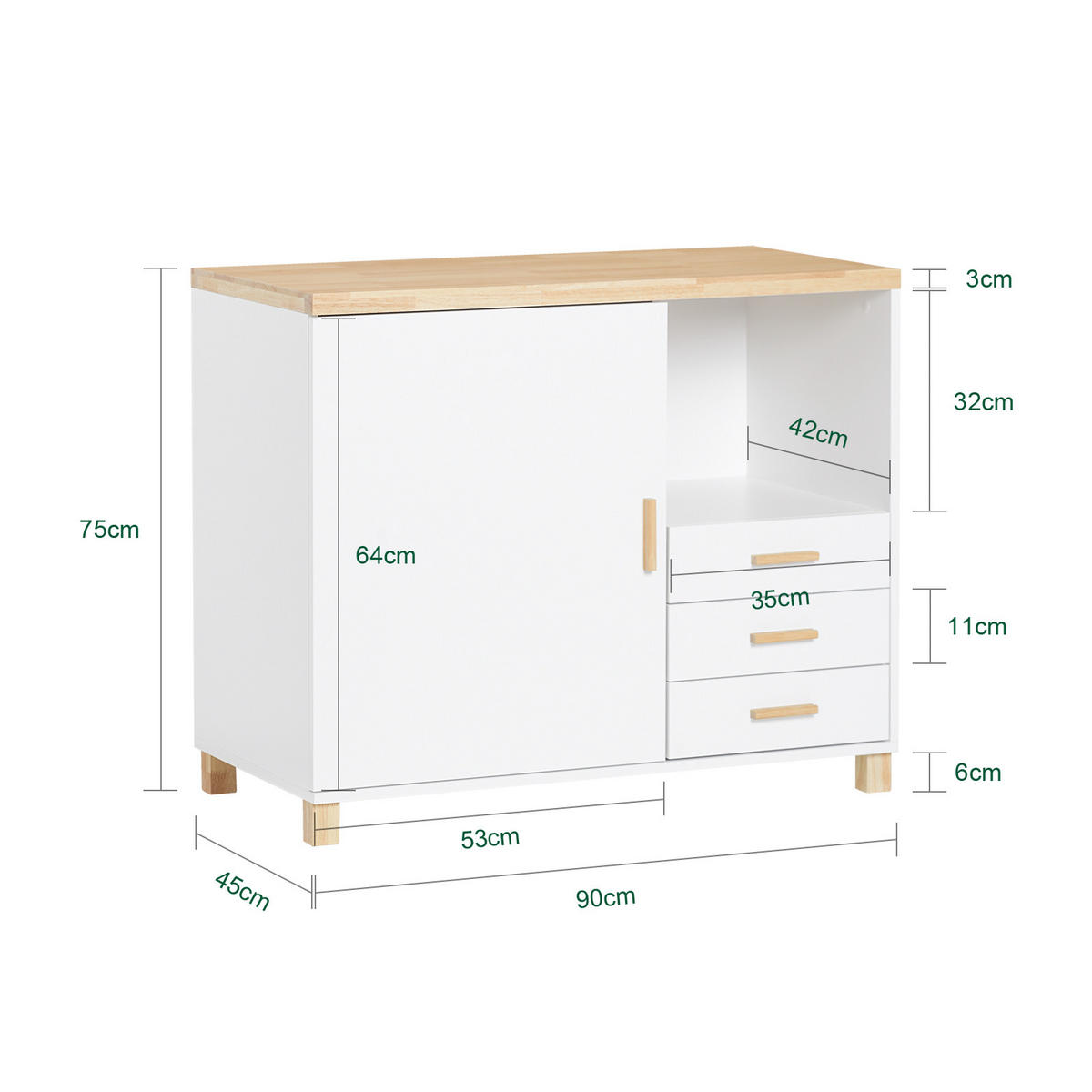 KOMMODE Weiß-Natur - Weiß/Naturfarben, Holz/Holzwerkstoff (90/75/45cm) - SoBuy