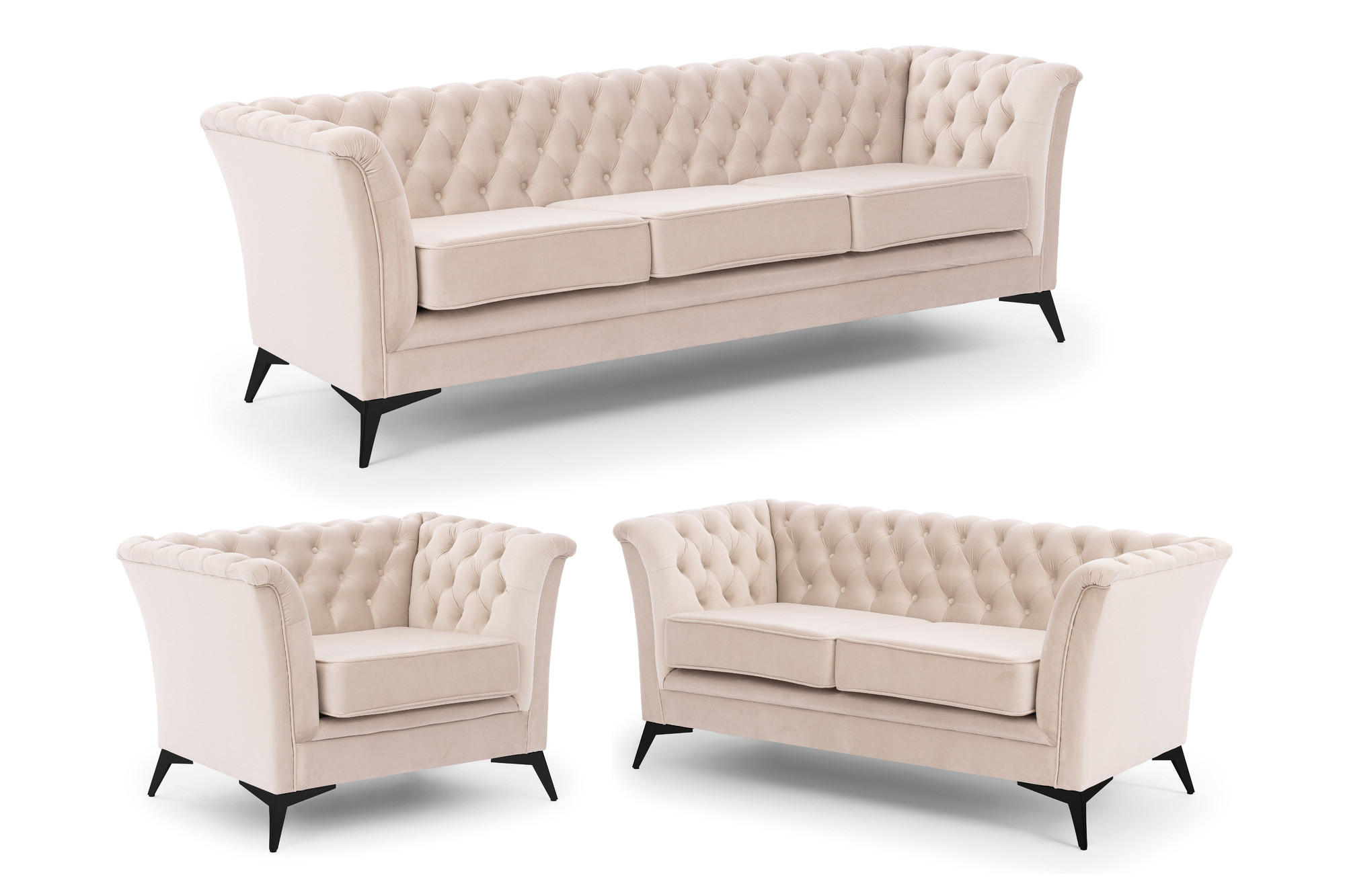 SITZGARNITUR 3+2+1 Chesterfield Whitby Beige Samt mit schwarzen Füßen - Beige/Schwarz, Holz/Textil (237/78/82cm) - S-Style Möbel