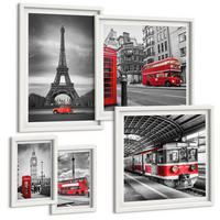 BILDER SET 5er Set - 50x50 cm & 20x30 cm & 40x60 cm Weißer Rahmen - Rote Busse in der Stadt - Weiß, Kunststoff (40/60cm) - TULUP