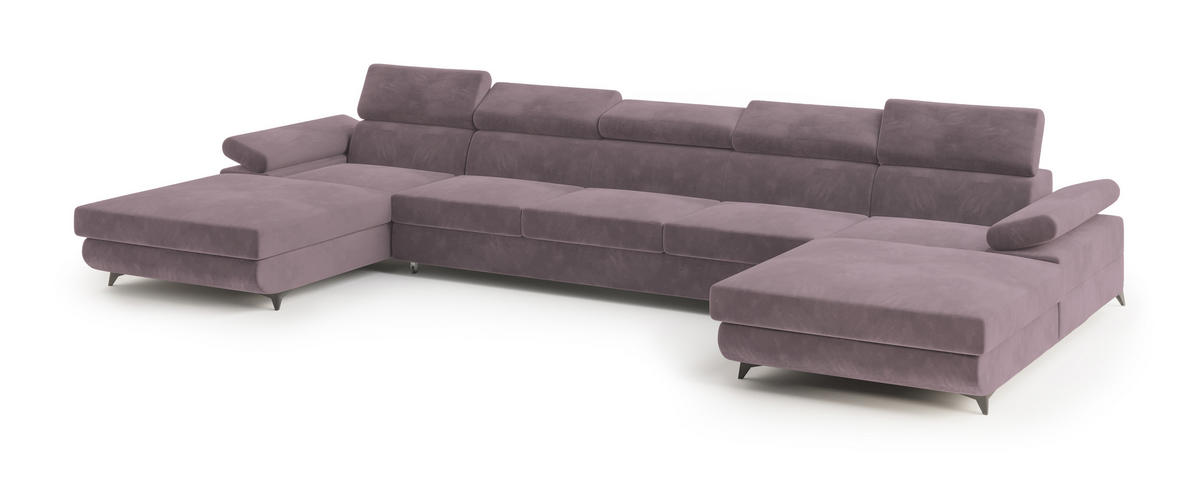 WOHNLANDSCHAFT VIVENTE Lila Velours-Stoff mit Schlaffunktion - Lila, Holz (410/89/190cm) - MASSENO