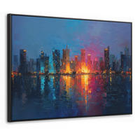 LEINWAND Bilder mit Rahmen - Skyline - Pinselstriche - Dunkelblau - Leuchtend - 70x50 - Blau, Textil (70/50cm) - MuchoWow