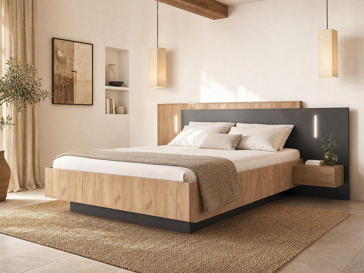 BETT mit Bettkasten - 2 Personen - holz - anthrazitgrau, naturfarben hell Francoli - Anthrazit/Naturfarben, Holz (140/190cm) - Vente-Unique
