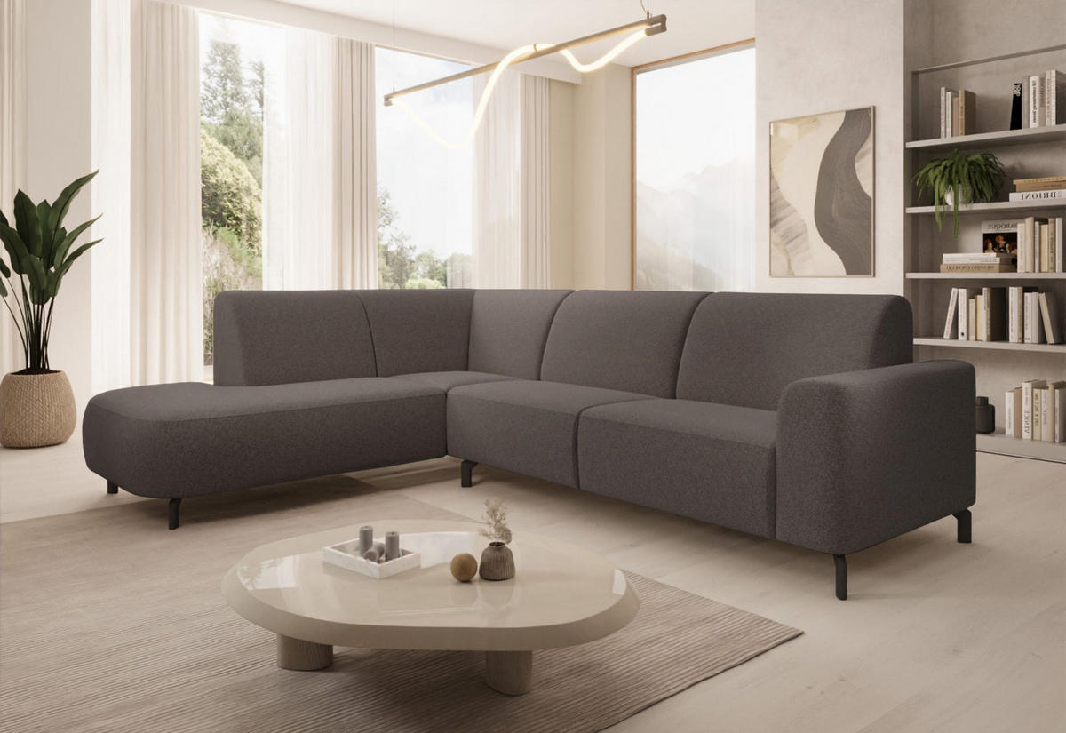 ECKSOFA Lununa Graubraun mit Armlehne, Bouclé, Ottomane links - Graubraun/Schwarz, Textil/Metall (277/218cm) - Selsey