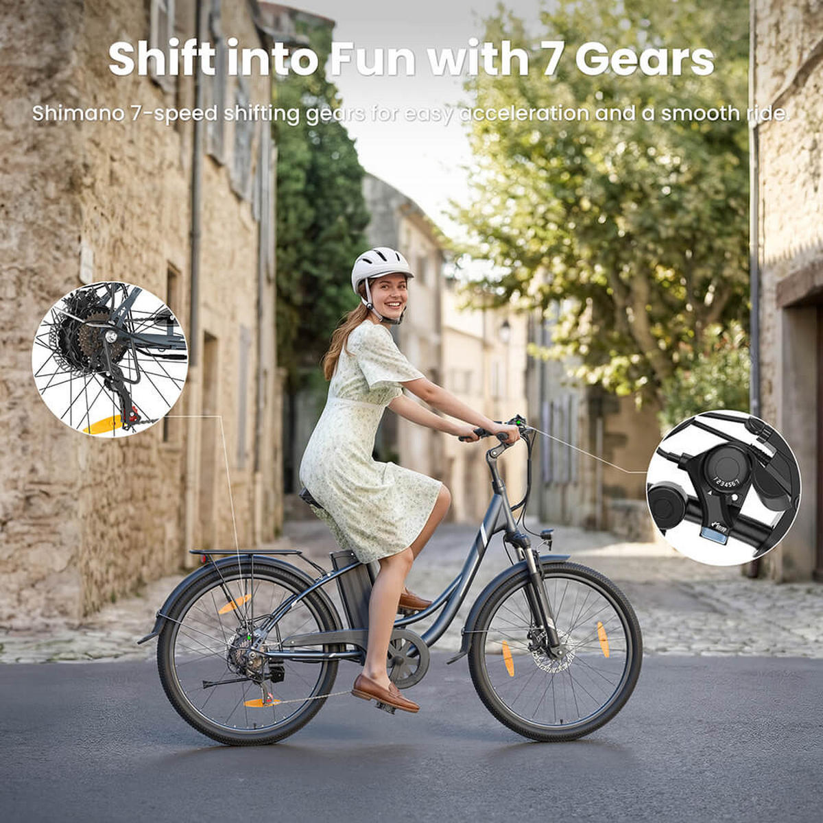 E-BIKE Touroll B1 – 90km Reichweite, 250W Motor, Shimano 7-Gang, Step-Thru Rahmen - Grau, Metall (117cm)