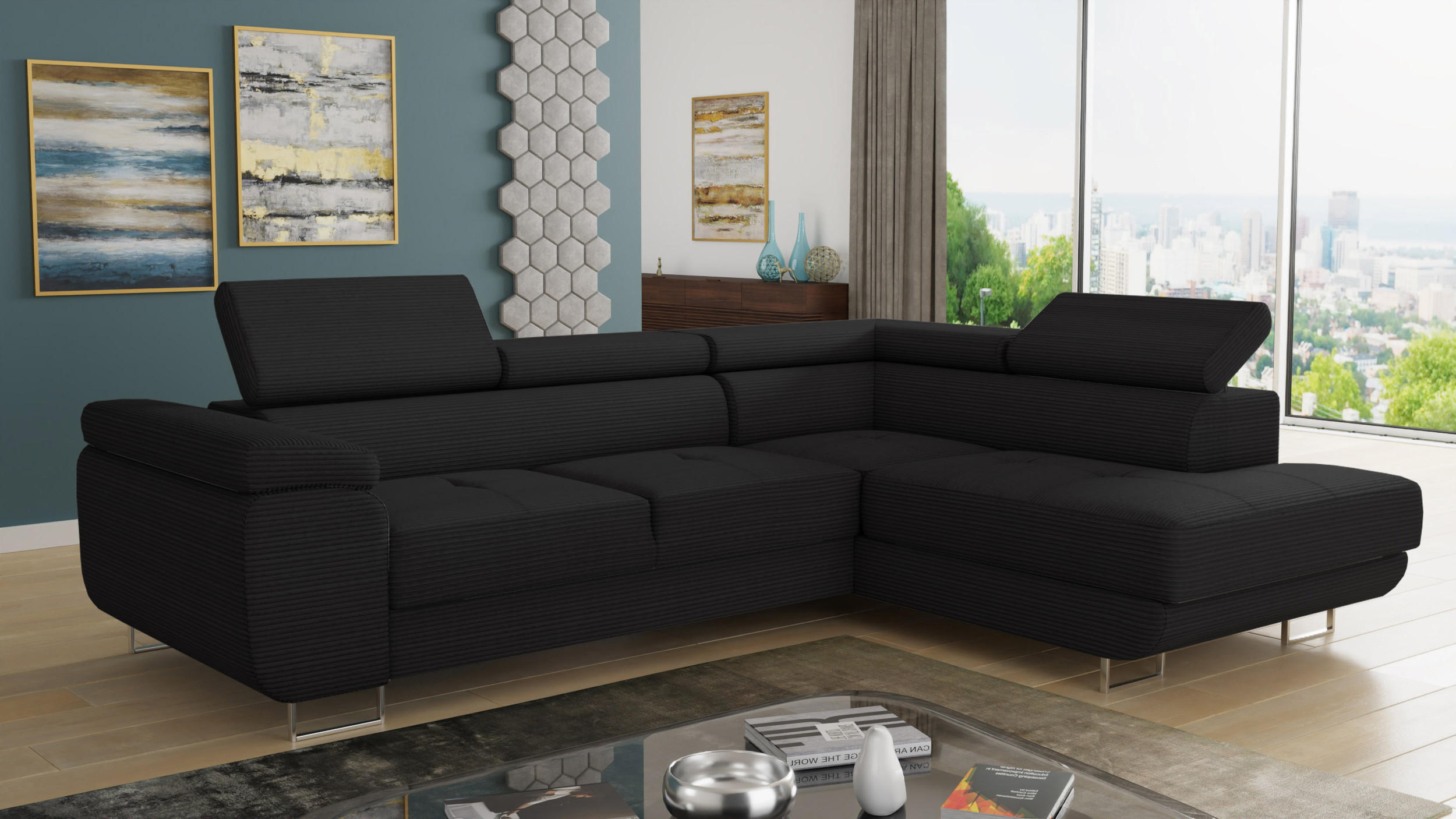 ECKSOFA Caris Cord, Seite: Rechts - Schwarz, Holz/Textil (273/203cm) - Sofnet