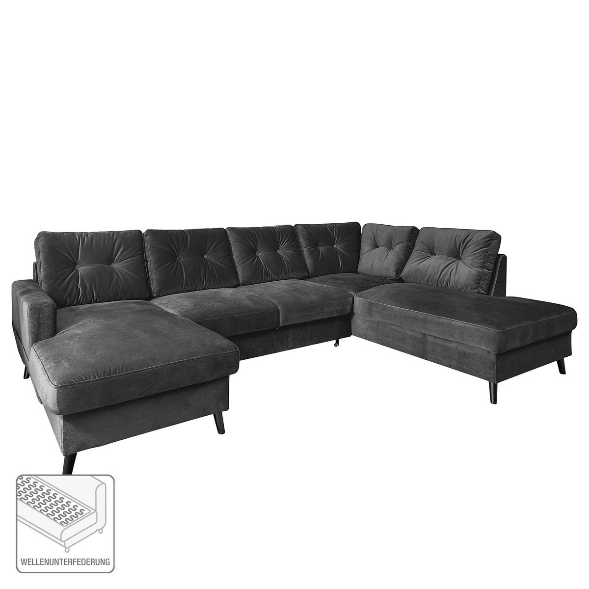 WOHNLANDSCHAFT mit Longchair - Schwarz/Grau, Buchenholz/Textil (297/90/200cm) - home24