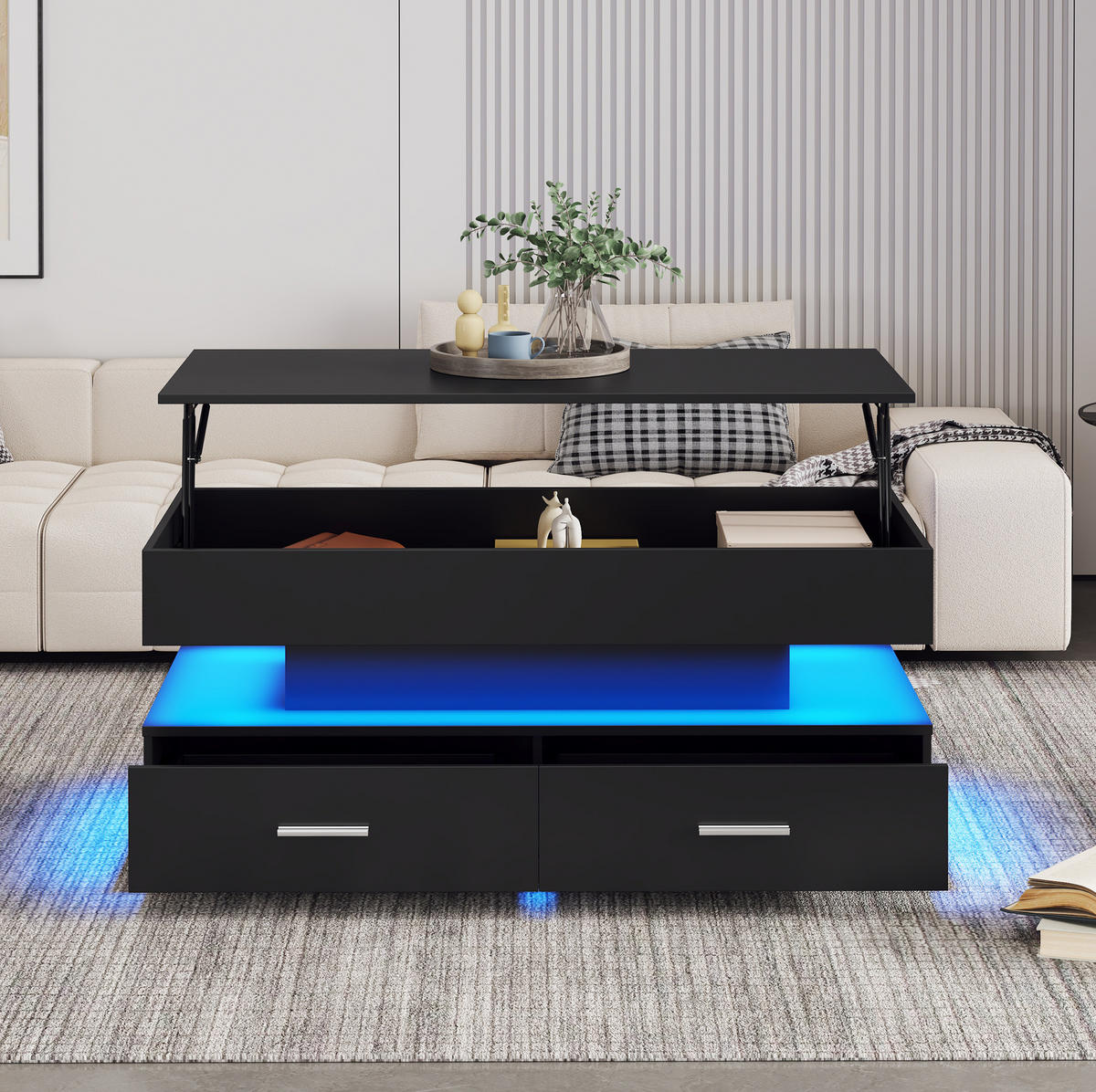 COUCHTISCH 100/50/44 cm schwarz aus Spanplatte mit LED-Beleuchtung und Stauraum - Weiß, Holzwerkstoff (100/50/44cm) - OKMYHOME