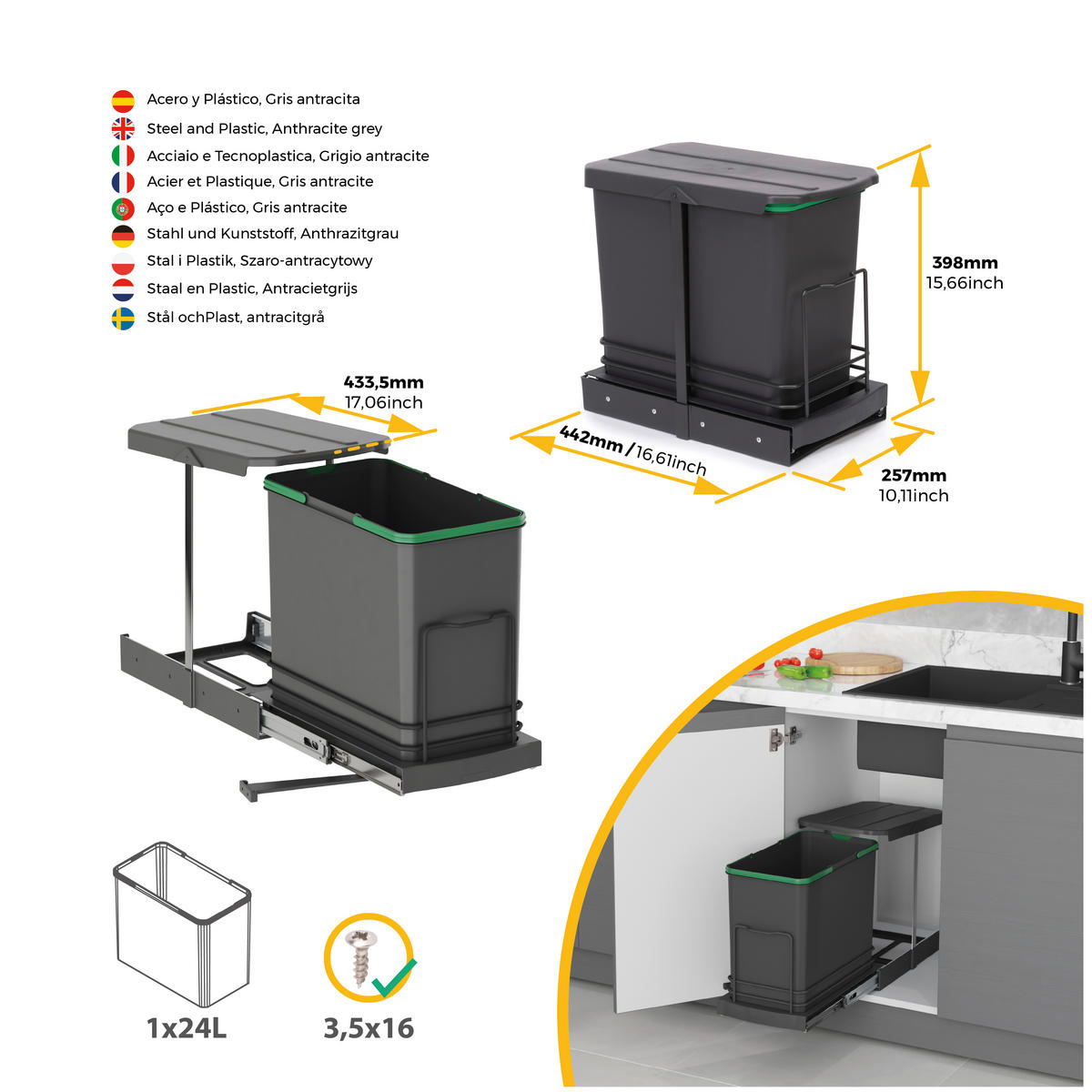 RECYCLINGBEHÄLTER für Küche, 24 L, Bodenbefestigung und Handauszug/automatische, Anthrazitgrauer Kunststoff - Anthrazit, Metall (25.7/40/43.35cm) - EMUCA