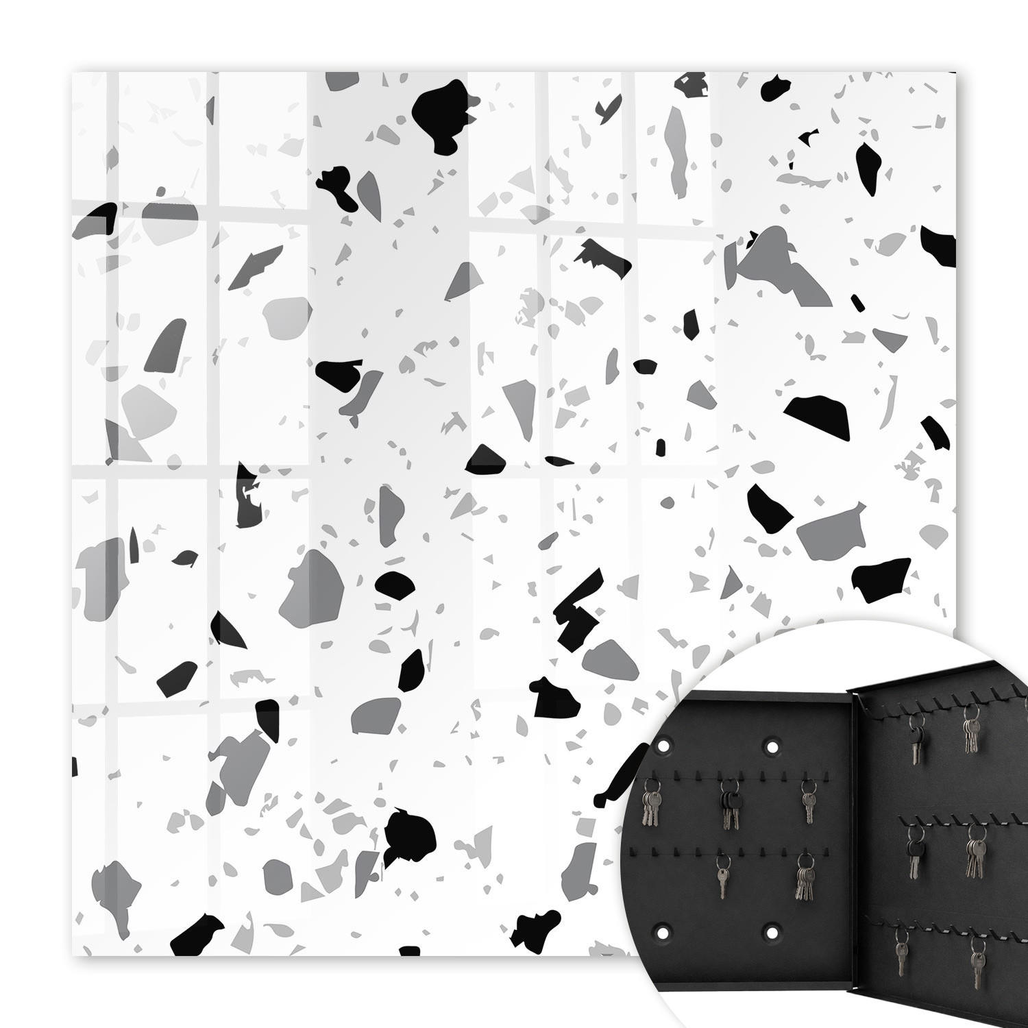 SCHLÜSSELBOX Schwarz 30x30 cm- Türöffnung nach rechts - Monochromer Terrazzo - Weiß, Metall (30/30/5cm) - TULUP