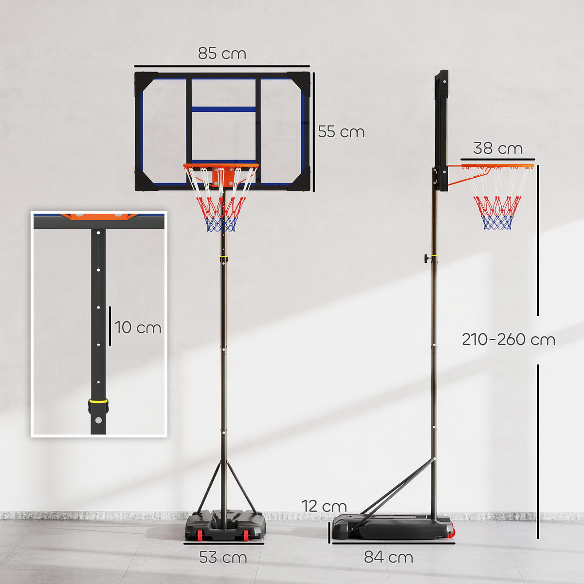 BASKETBALLKORB DE-18521 höhenverstellbar 210-260 cm Blau - Blau, Kunststoff (53/82cm) - ComfortXL