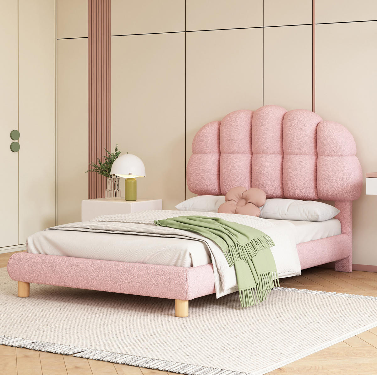 POLSTERBETT 90/200 cm aus Bouclé und MDF mit verstellbarem Kopfteil Rosa - Rosa, Textil (90/200cm) - Modenvie