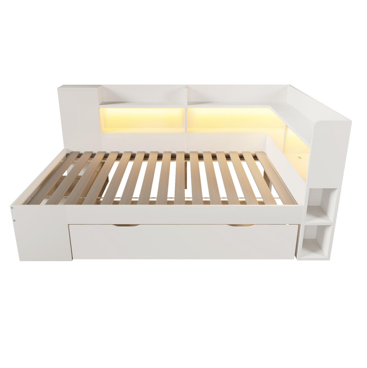 ČALÚNENÁ posteľ z dreveného materiálu 90/190 cm biela s LED osvetlením, USB a úložným priestorom - biela, textil (90/190cm) - BEAOK