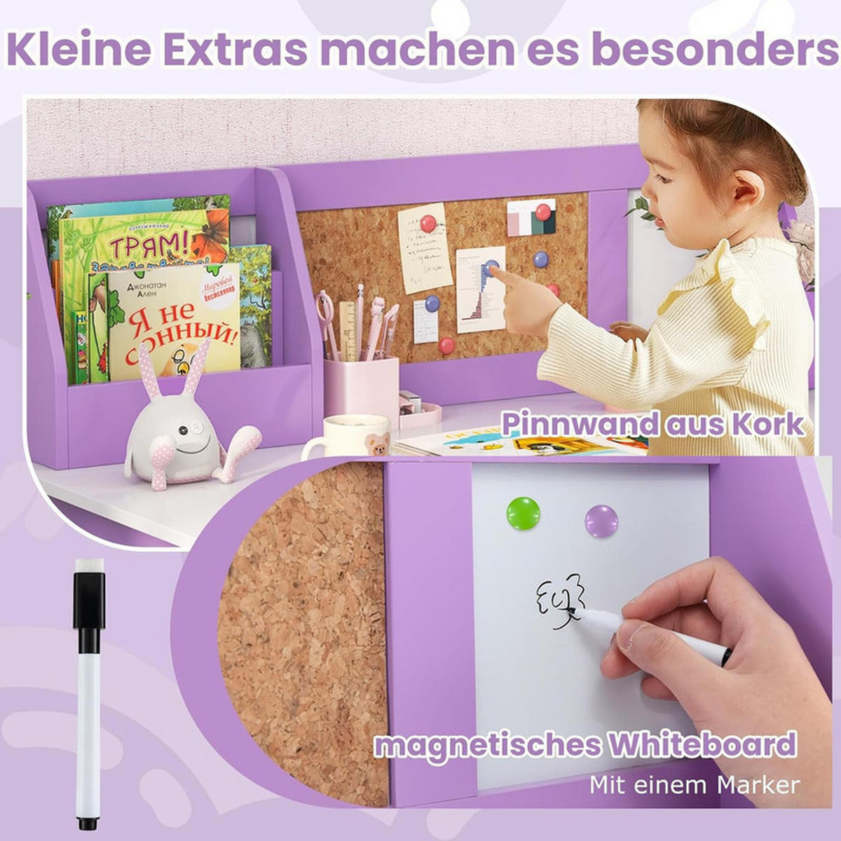 KINDERSCHREIBTISCH mit Stuhl lila(2-tlg) - Lila, Holzwerkstoff (90/85.5/45cm) - COSTWAY