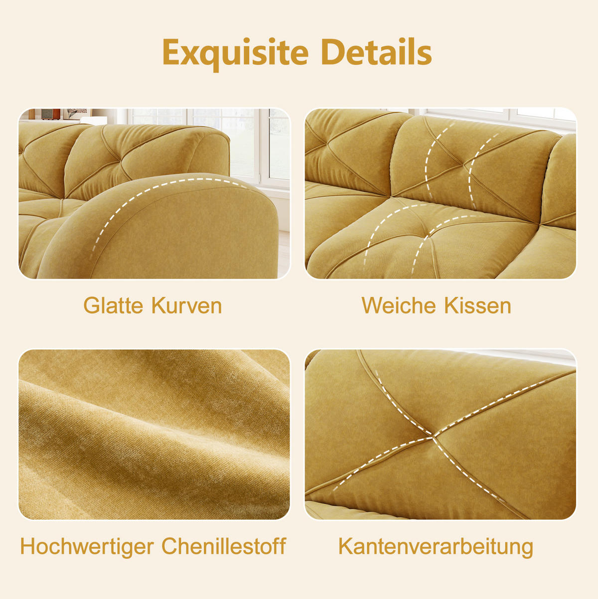 ECKSOFA in Gelb aus Chenille mit Hocker und flexibler Anordnung - Gelb, Textil (171/358cm) - Flora Grace