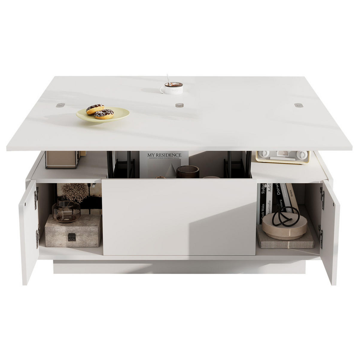 COUCHTISCH Doppel-Hebemechanismus Weiß Versteckter Stauraum 50kg Belastbar - Weiß, Holz (109/61/9.5cm) - FLIEKS