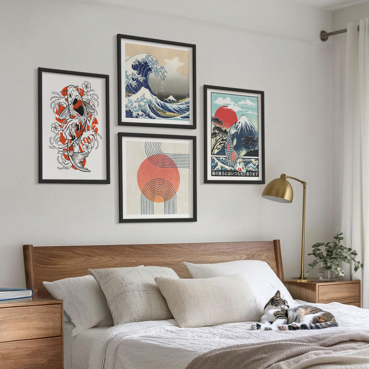 BILDER SET 4er Set - 50x50 cm & 40x60 cm Schwarzer Rahmen - Illustrationen von Fischbergen, die sich in Japan ausbreiten - Schwarz, Kunststoff (50/50cm) - TULUP