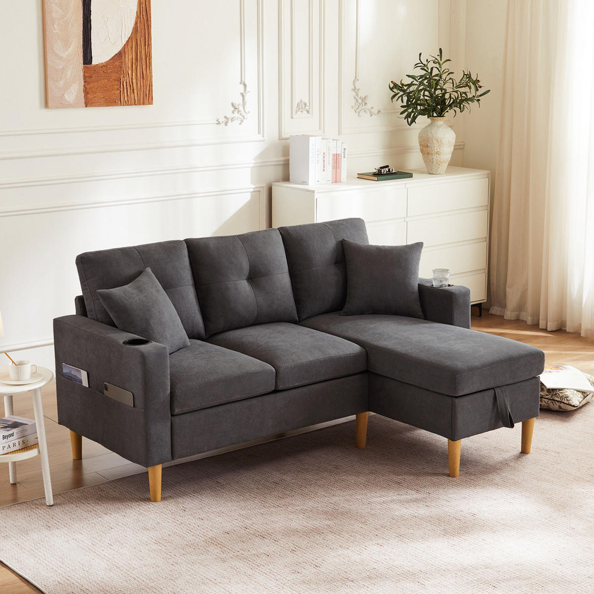 SOFA 3-Sitzer L-Form Chaiselongue Stauraum Kissen - Grau, Holz (129/175cm) - FLIEKS