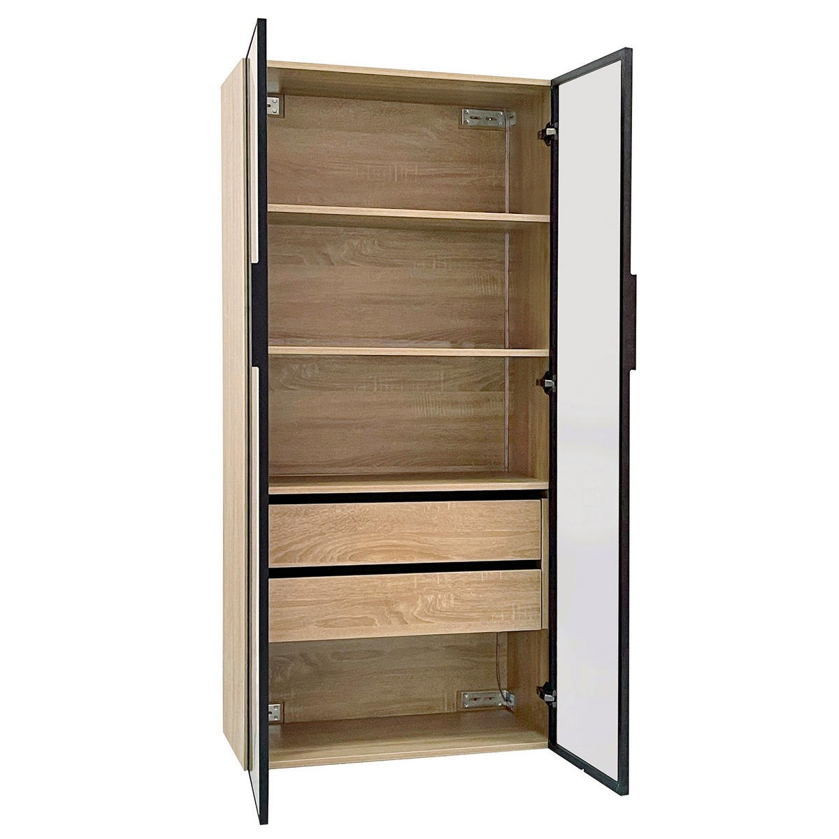 BADEZIMMERSCHRANK 74x36x155 cm Natural aus Spanplatte mit LED-Beleuchtung & Glasschranktüren - Naturfarben, Holzwerkstoff (74/155/36cm) - Modfu