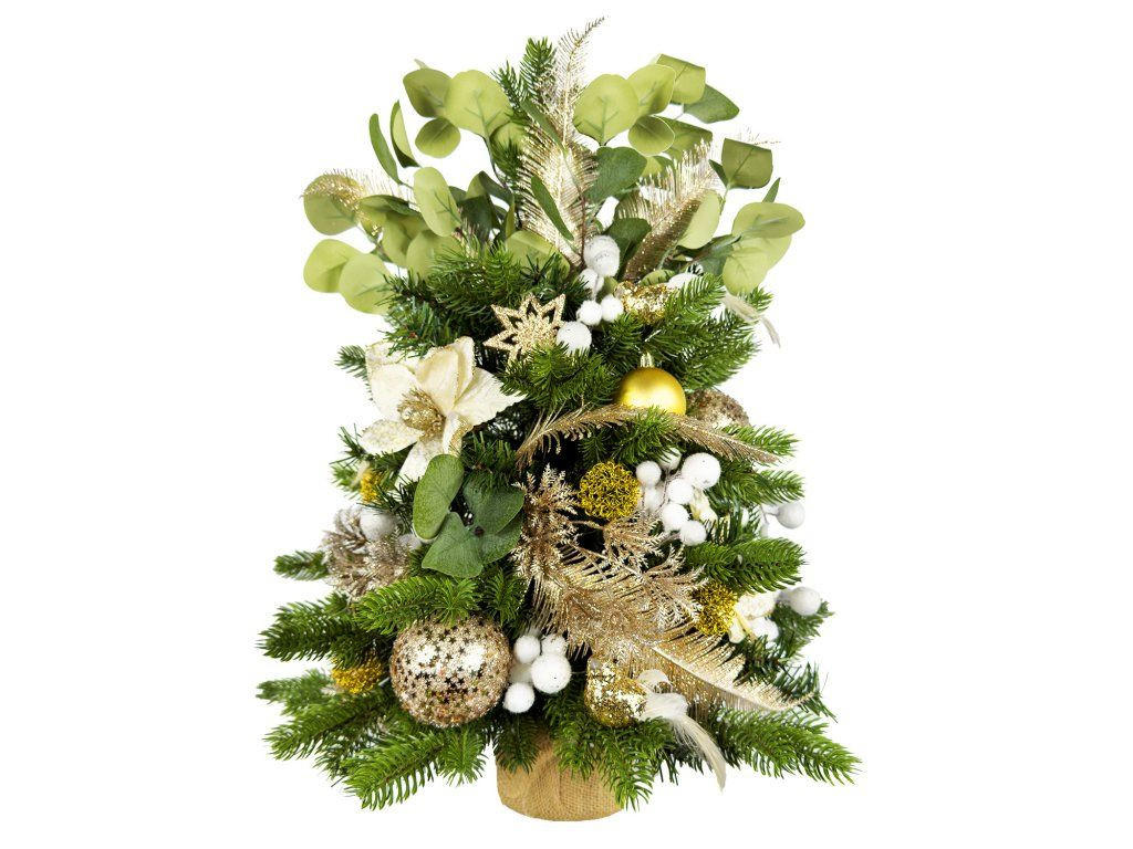 WEIHNACHTSBAUM künstlicher 60 cm mit LED-Beleuchtung, CHAMPAGNEGLANZ II, mit 50 Weihnachtsbaumschmuck, Pflanztopf mit Jutesack - Champagner/Goldfarben, Kunststoff/Stein (40/60cm) - LAALU