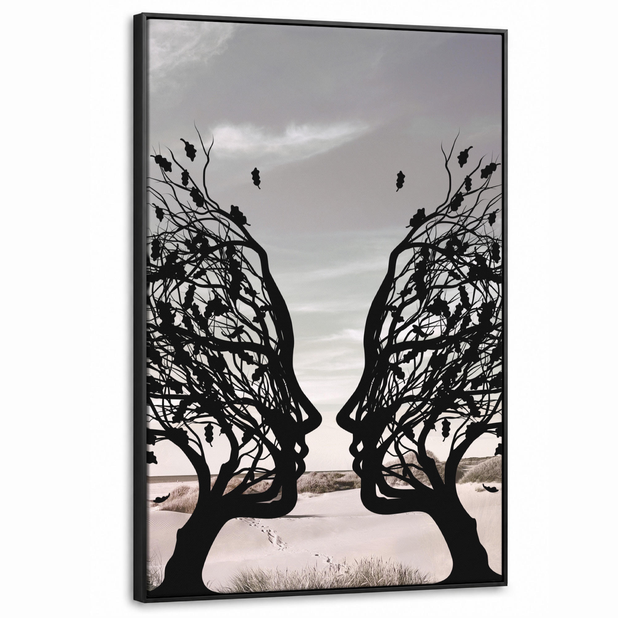 LEINWAND Bilder mit Rahmen - Strand - Meer - Menschen - Baum - Moderne Kunst - 80x120 - Hellgrau, Textil (80/120cm) - MuchoWow