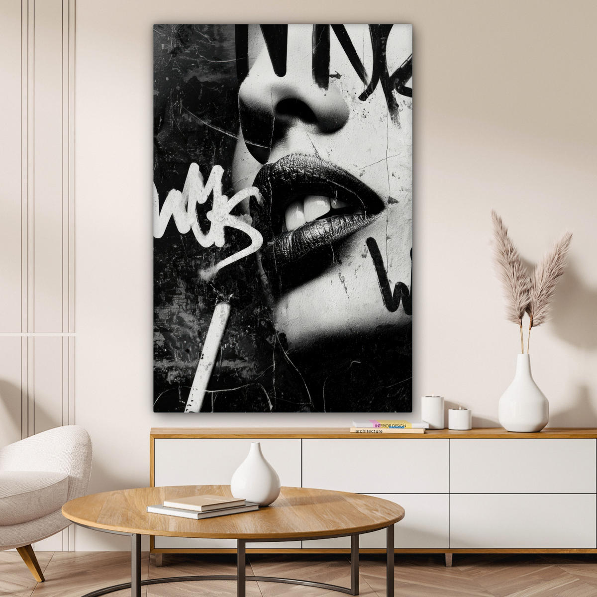 LEINWANDBILD Gesicht - Mund - Graffiti - Schwarz Deko XXL 80x120 cm - Schwarz, Textil (80/120cm) - MuchoWow