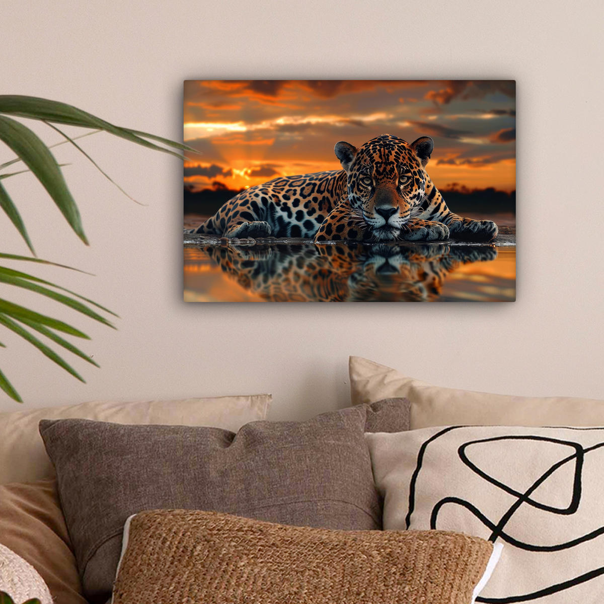 LEINWANDBILD Natur - Leopard - Tier - Sonnenuntergang - Modern Deko Schlafzimmer 30x20 cm - Orange, Textil (30/20cm) - MuchoWow