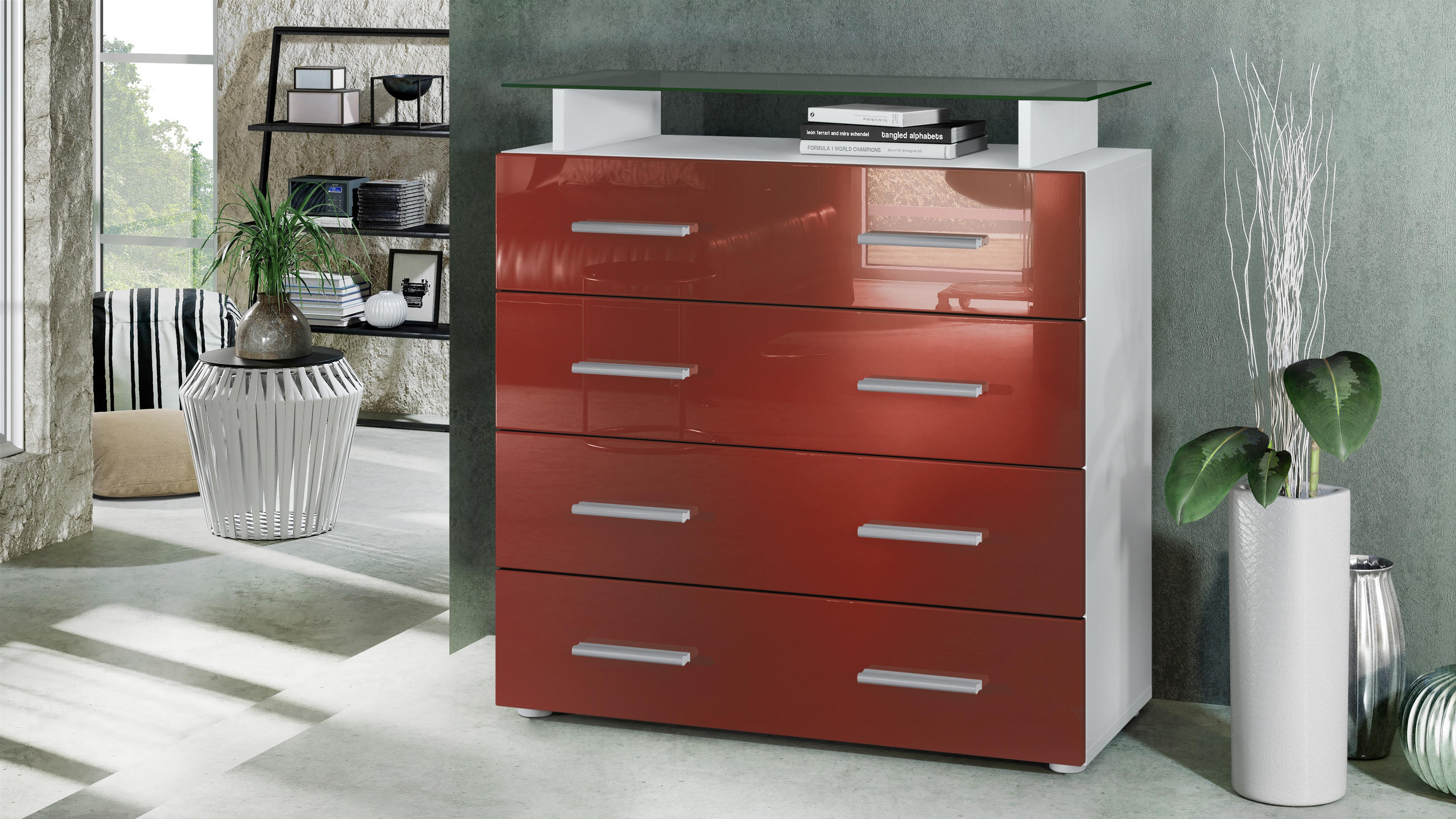 KOMMODE Pavos Bordeaux Hochglanz - Bordeaux, Holzwerkstoff (76/81/35cm) - Vladon