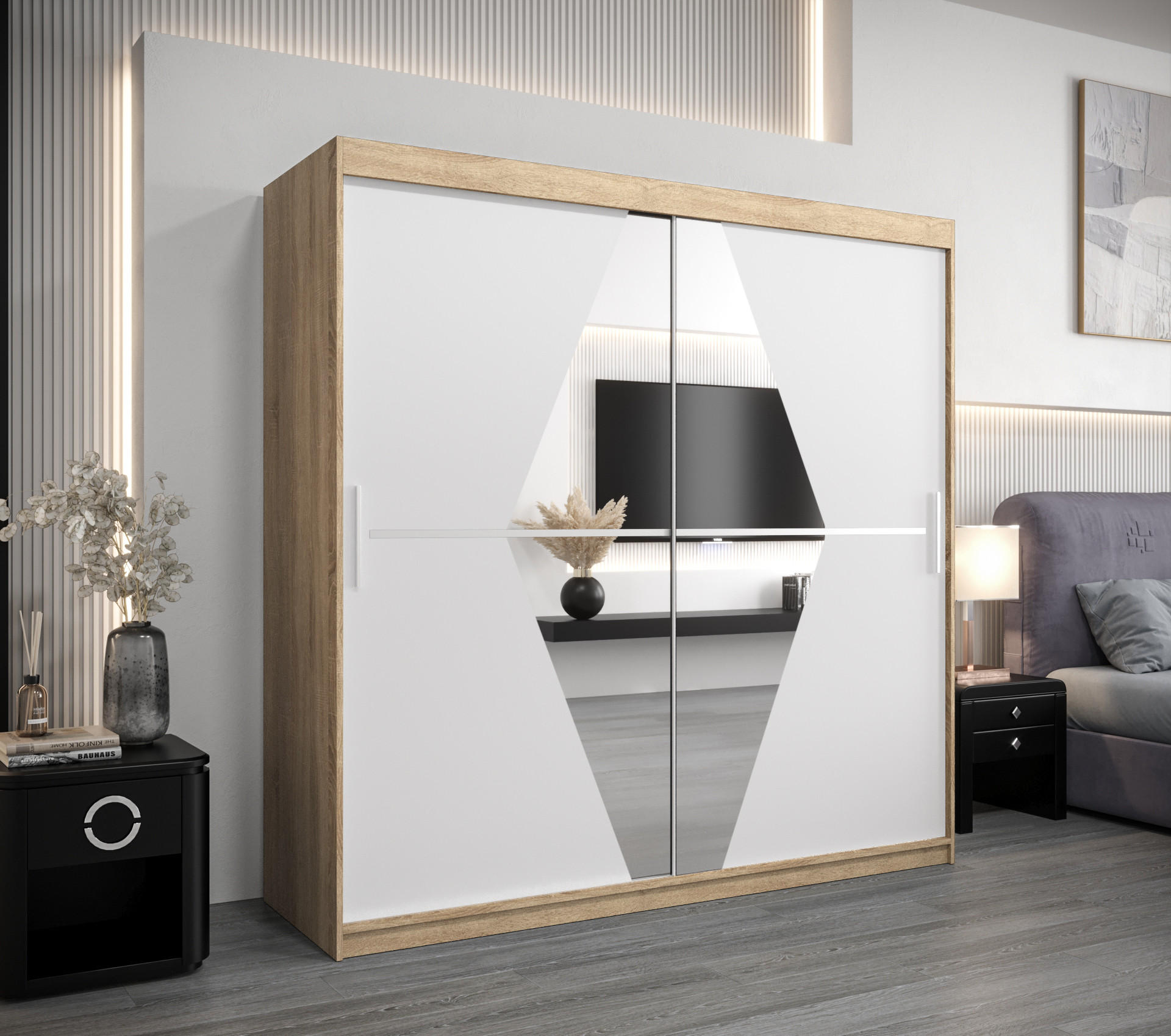 SCHWEBETÜRENSCHRANK 200/200/62 2-türig - Silberfarben/Weiß, Holz/Kunststoff (200/200/62cm) - Abiks Möbel