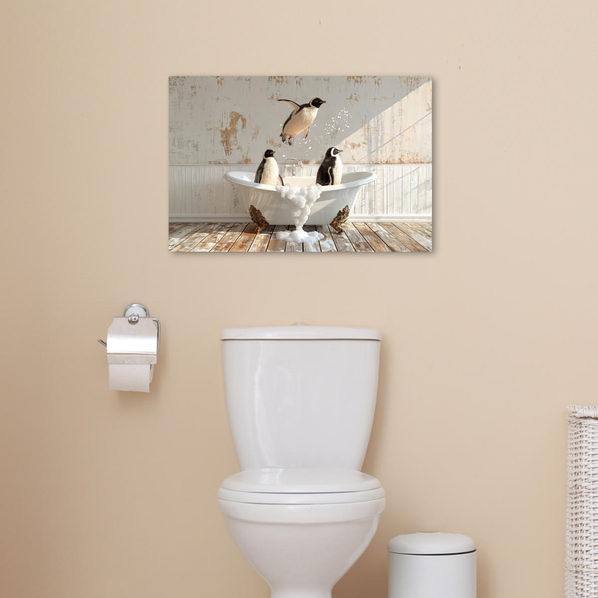 LEINWANDBILD Vintage - Pinguin - Badewanne - Schaumstoff Gemälde 60x40 cm - Schwarz, Textil (60/40cm) - MuchoWow