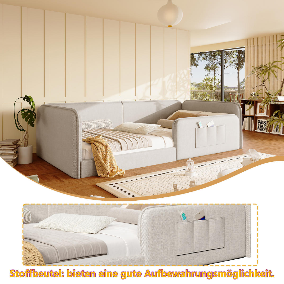 POLSTERBETT 90/200 cm in Beige mit Rundum-Sicherheitsrahmen, Schaumstoffpolsterung und Aufbewahrungstaschen aus Leinen - Beige, Holzwerkstoff/Textil (90/200cm) - STILVORA
