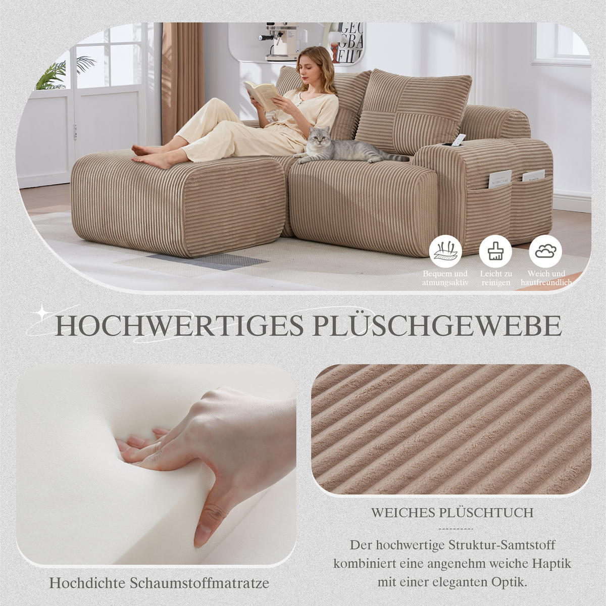 MODULARES 2-Sitzer Sofa Cord mit Getränkehalter und Seitentasche 200/174/80 cm Sandfarben - Sandfarben, Textil (174/200cm) - Redom