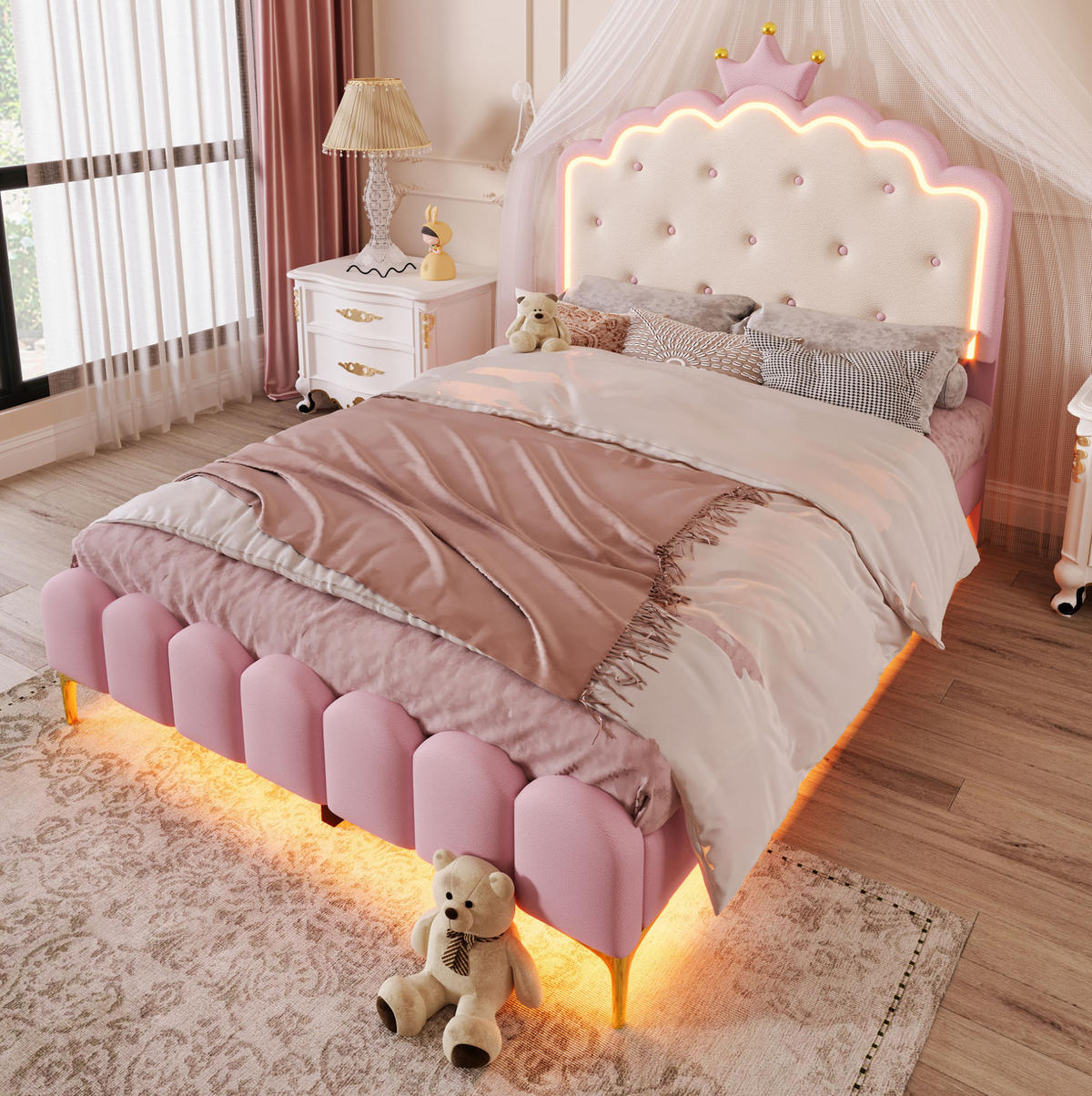 POLSTERBETT 140x200 cm PU Rosa mit Lattenrost und LED - Pink, Holz (140/200cm) - Meubliv