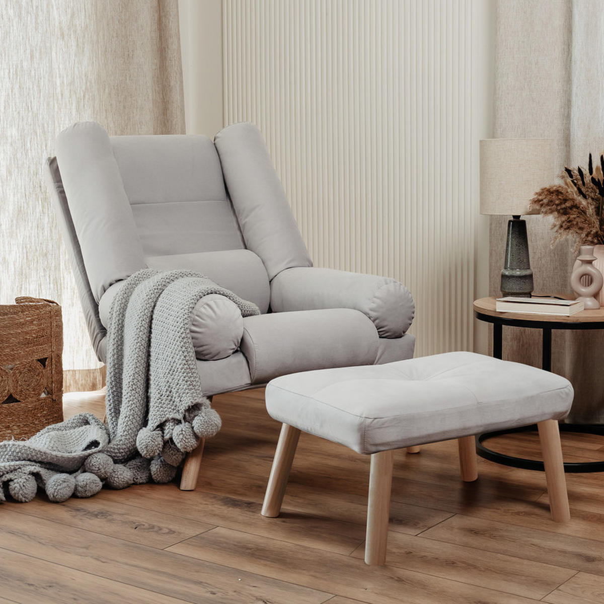 RELAXSESSEL LILA mit hocker, 75/75/100 cm, Weiß - Weiß, Holz/Textil (75/100/75cm) - Idohome