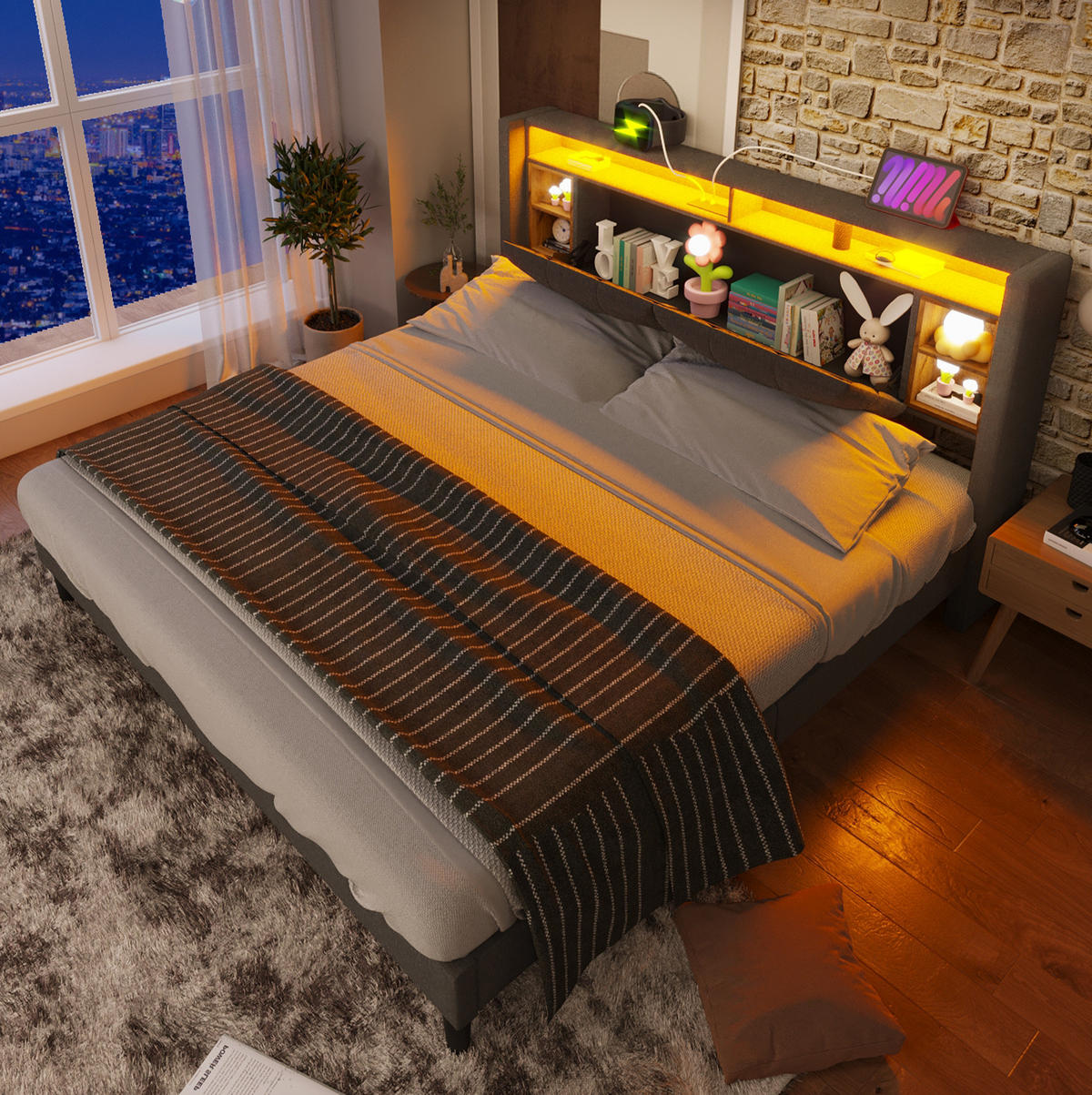 POLSTERBETT 140/200 cm mit LED, USB und Stauraum-Kopfteil in Grau - Grau, Holz (140/200cm) - BEAOK