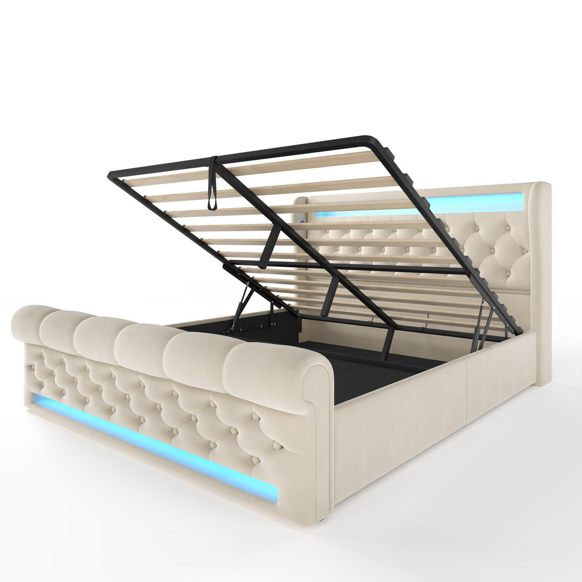 POLSTERBETT aus Samt 140x200 cm Beige mit Bettkasten, LED-Beleuchtung, USB- und USB-C-Anschlüssen, Matratze - Beige, Textil (140/200cm) - IVMEU